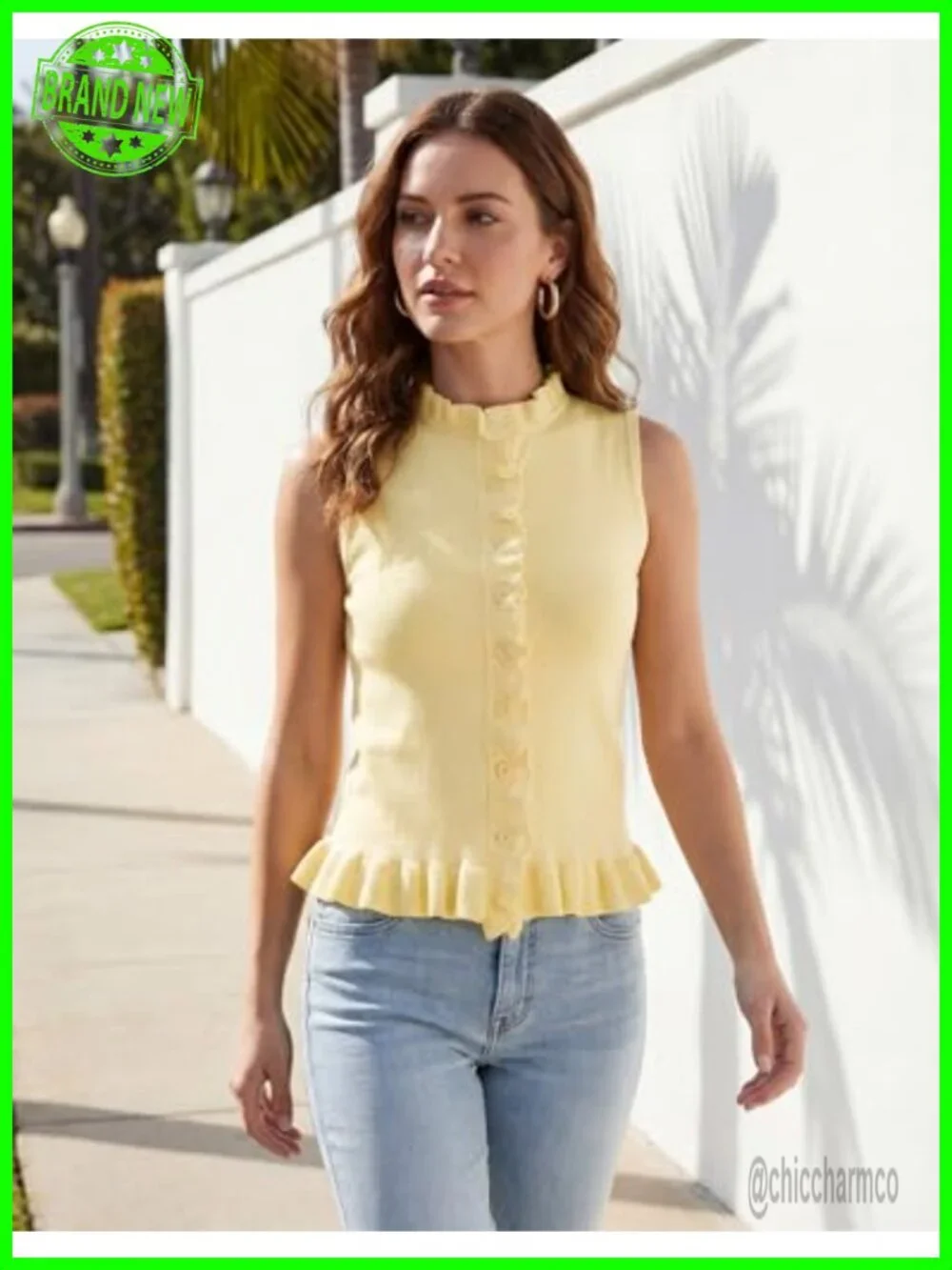 Sleeveless Sweater Vest Mock Neck Button Down Ruffle Trim Tank Top Summer Going